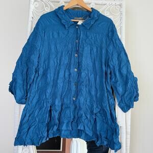 Chalet et Ceci Blouse XL Blue Crinkled Button Front Tunic Shirt Artsy Lagenlook